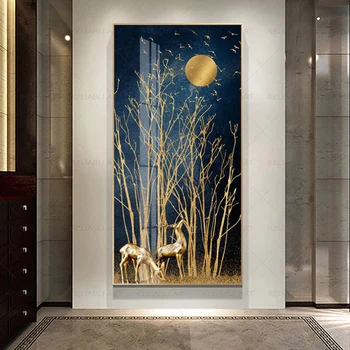 Abstraktne Golden Deer Päike Puu Maali Stseeniks Suur Suurus Plakat, Lõuend Print Seina Art Pilt Elutuba Kaasaegse Kunsti Cuadros