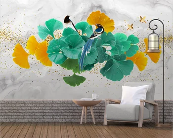 beibehang Kohandatud kaasaegne akvarell kuldne hõlmikpuu lehtede magpie marmor tausta tapeet seina paberid home decor