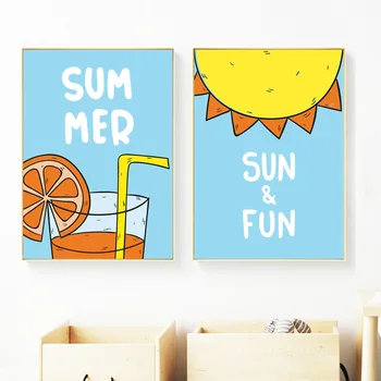 Cartoon Päike Apelsinimahl Plakat Seina Art Lõuend Maali Nordic Armas Kodu Decor Seina Pilte Baby Kids Room Lasteaed