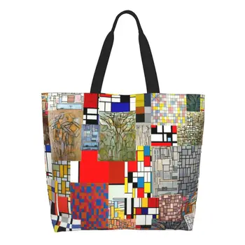 Custom Piet Mondrian De Stijl Shopping Lõuend Kott Naiste Korduvkasutatavad Suure Mahutavusega Toidukaubad Abstraktne Kunst Shopper Tassima Kotid