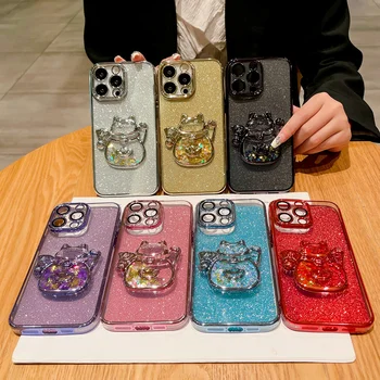 Galvaniseeritud Õnnelik Kass Raba Telefon Case For iPhone 15 15Pro Max 14 Pro 13 Glitter Kaardi Dünaamiline Vedelik Kaitsev tagumine Kate