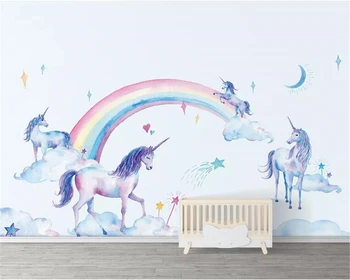 Kohandada tapeet seinamaaling Värske akvarell käsitsi maalitud tianma rainbow unicorn laste taust seina 3d tapeet