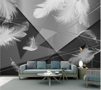 Kohandatud taustpildi 3d moodne must ja valge hall lihtne geomeetriline valge sulg taust seina elutoa kaunistamiseks maali