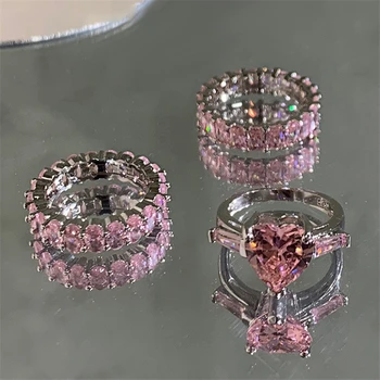 Korea luksus magus roosa südame-kujuline täis-diamond ring crystal high-end temperament 925 sterling silver mitte-pleegib ehted