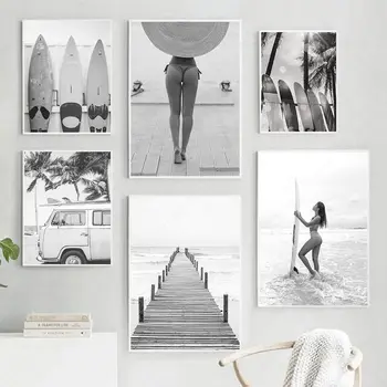 Must-Valge Fotograafia Print Surf Seina Art Lõuend Maali Beach Plakatid Lainelaua Ranniku Decor elutoa Seina Pildid