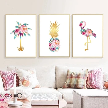 Prindi Akvarell Abstraktne Õie Troopiline Reisi Seina Art Lõuend Maali Home Decor Palm, Ananass Flamingo Plakat