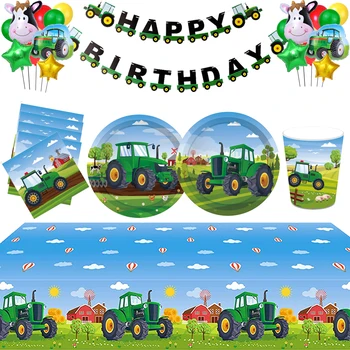 Roheline Traktor Teema Ühekordsed Nõud Plaadid Cup Salvrätikud Laudlina Lapsed Poisid Põllumajandusettevõtte Traktori Sünnipäeva Teenetemärkide Supplie