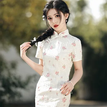 Suvel Retro Pool Kaheksa Nupud Pits Cheongsam Hiina Klassikaline Elegantne Lühikesed Varrukad Naiste Sifonki Qipao Igapäevane Kleit