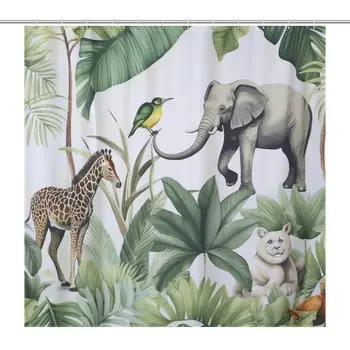 Veekindel Troopiline Kaelkirjak Džunglis Loomade Illustreeritud Vannituba, Dušš Kardin, Kunsti-183x183cm, mis on Varustatud 12tk Konksud