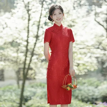 Vintage Lühikesed Varrukad Cheongsam Hiina Traditsioonilise Naiste Punane Pits Qipao Uudsus Ametliku Kleit
